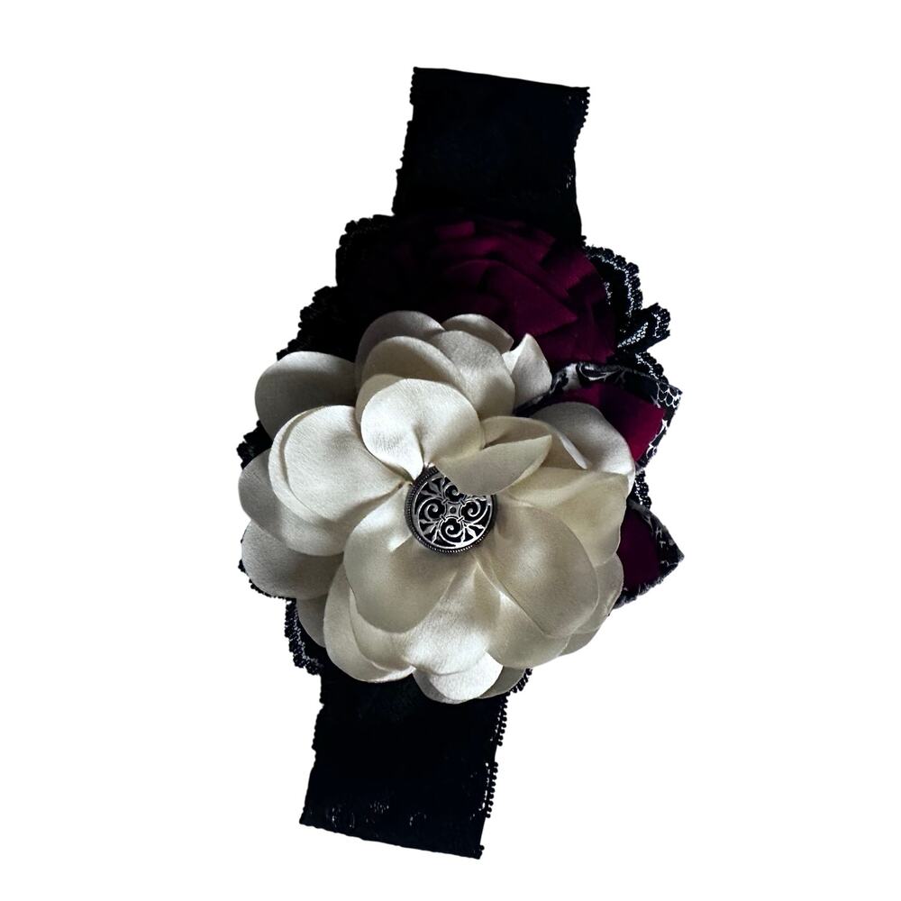 Persnickety Festive Lace Headband with Red Floral Christmas Detail